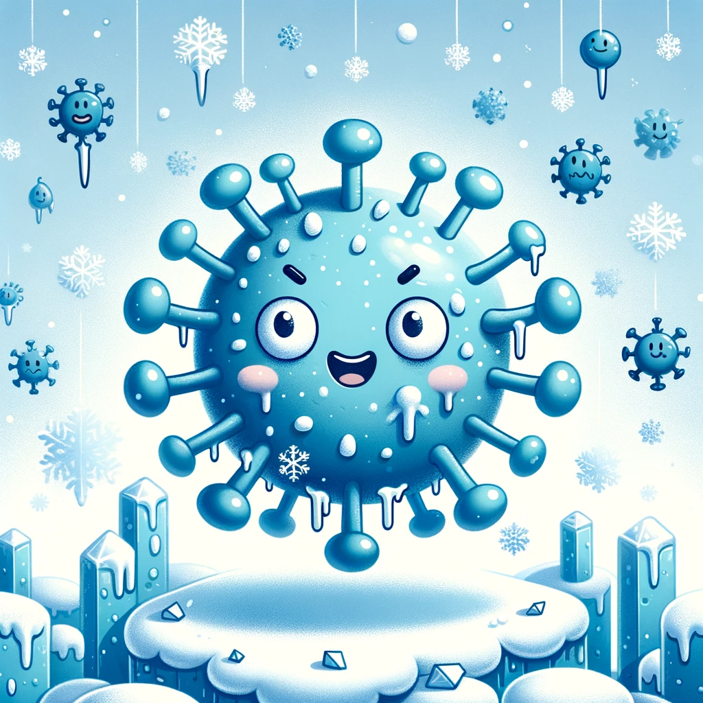 a-whimsical-illustration-of-a-cartoon-virus-character-representing-the-common-cold-with-a-mischievous-expression-surrounded-by-floating-snowflakes